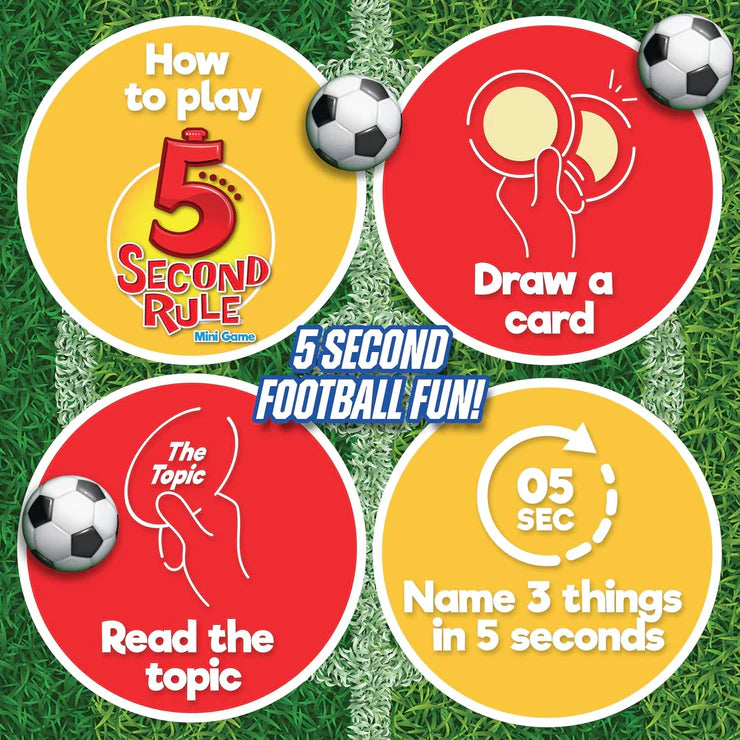 Instructions for playing '5 Second Rule' mini-game on a grass background with soccer balls.