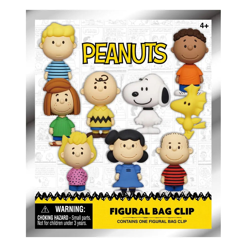 Peanuts figural bag clip in its retail packaging, featuring multiple cartoon character designs including Snoopy, Woodstock, Charlie Brown, and others on a white background with a yellow warning label at the bottom.