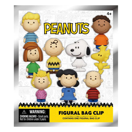 Peanuts figural bag clip in its retail packaging, featuring multiple cartoon character designs including Snoopy, Woodstock, Charlie Brown, and others on a white background with a yellow warning label at the bottom.