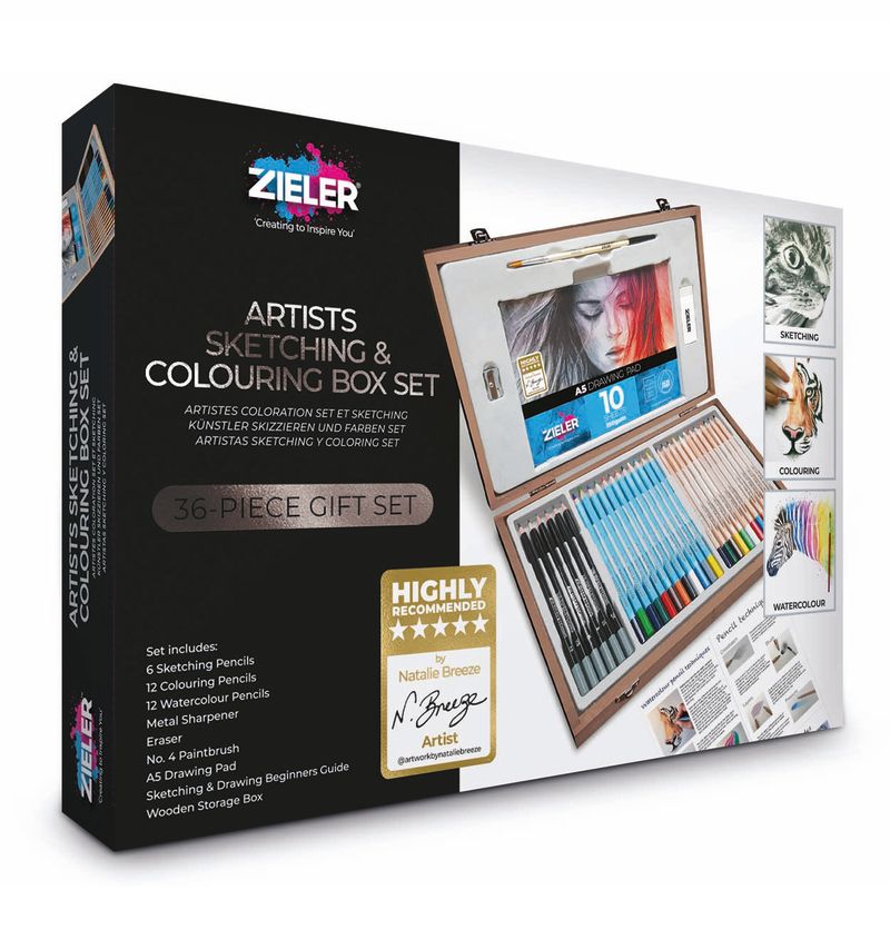 Zieler Sketching & Colouring Pencil Wooden Box Set (36 Pieces)
