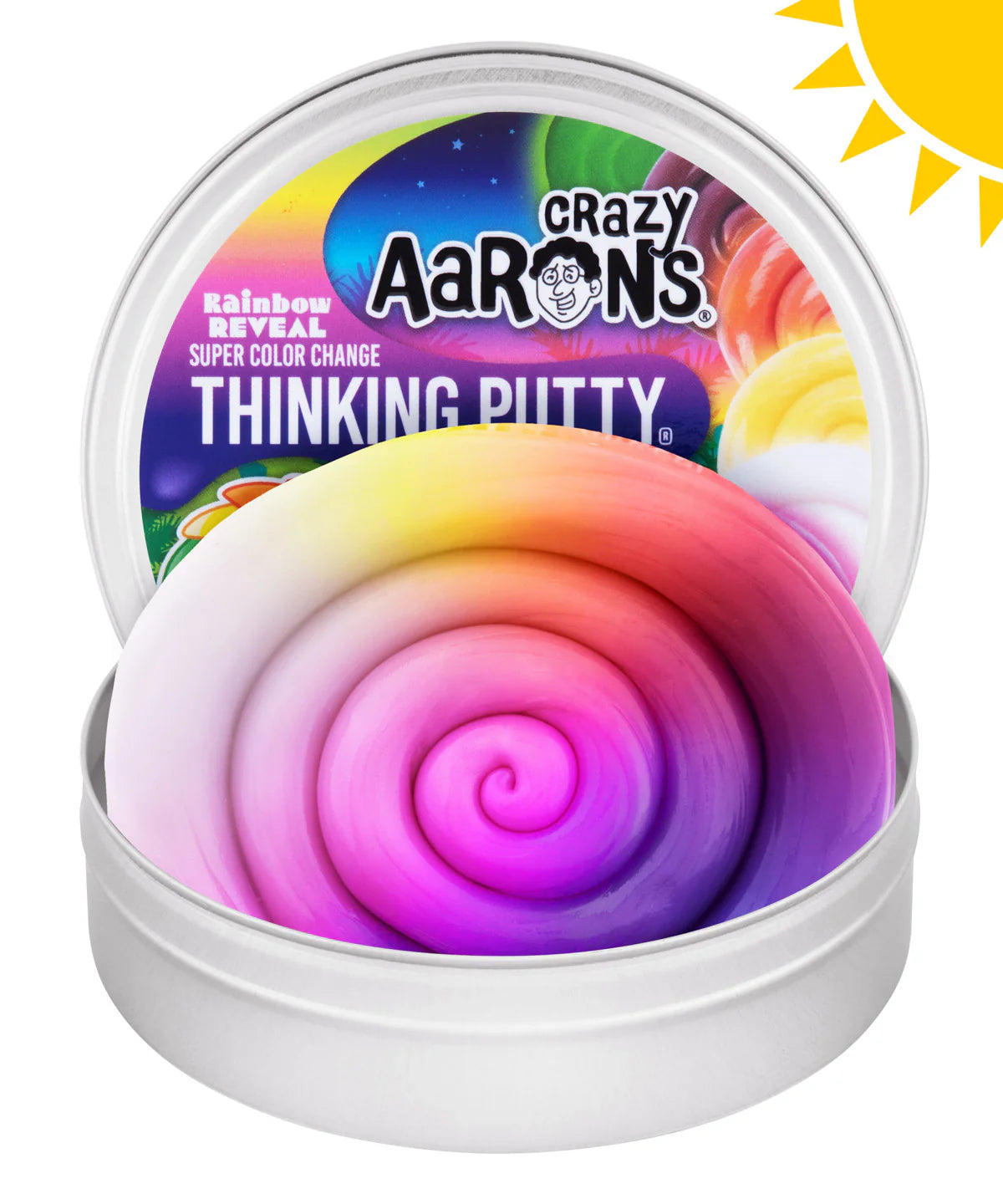 Crazy Aaron's Thinking Putty with colorful swirl in a white container