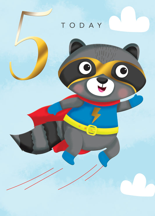 Happy Birthday Card & Envelope Boy Age 5 - Raccoon