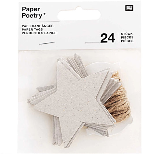 24 Star-Shaped Grey Paper Tags with String Attachment