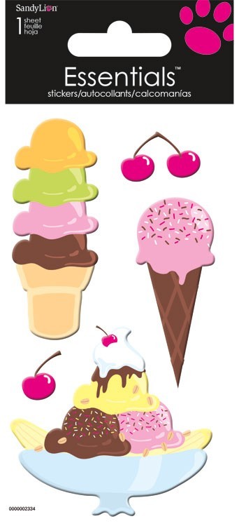 Sandy Lion Essentials stickers featuring colorful ice cream and cherry designs on a white backing card.