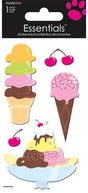 Sandy Lion Essentials stickers featuring colorful ice cream and cherry designs on a white backing card.