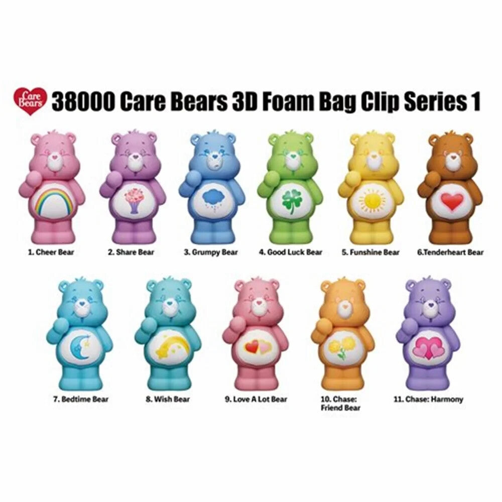11 Care Bears 3D foam bag clips on a white background with text indicating the series and bear names.