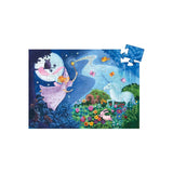 Children's fairy tale puzzle with a fairy, moon, and animals on a white background