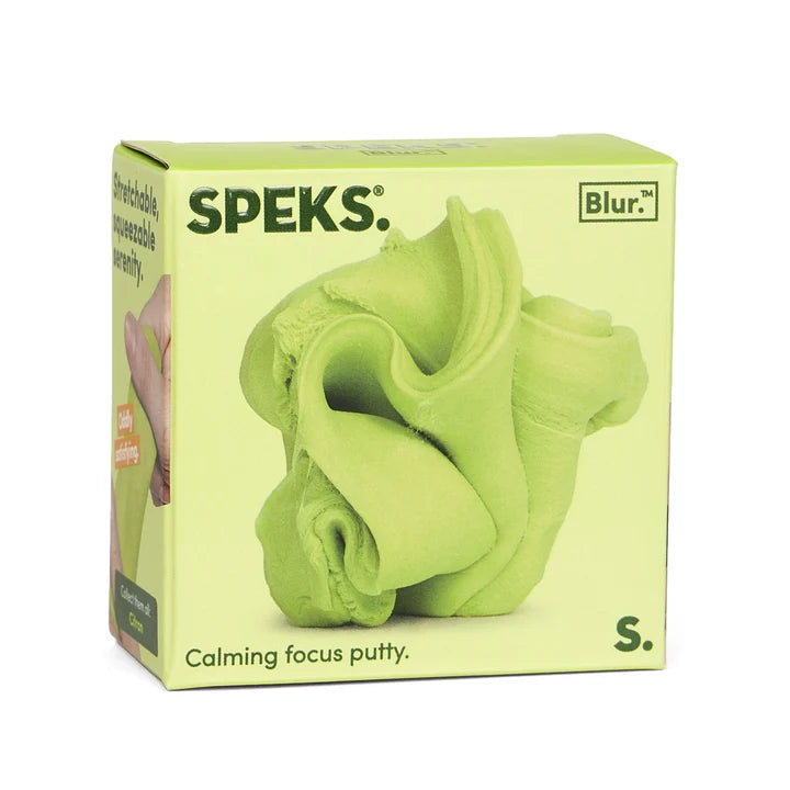 A box of Speks. Calming Focus Putty in the shade citron. Blur. in a light lime green color, shown on a plain white background.