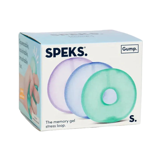 A box of SPEKS. Gump memory gel stress loops, showing three colored loops (purple, blue, and mint green) on a white and light blue package.