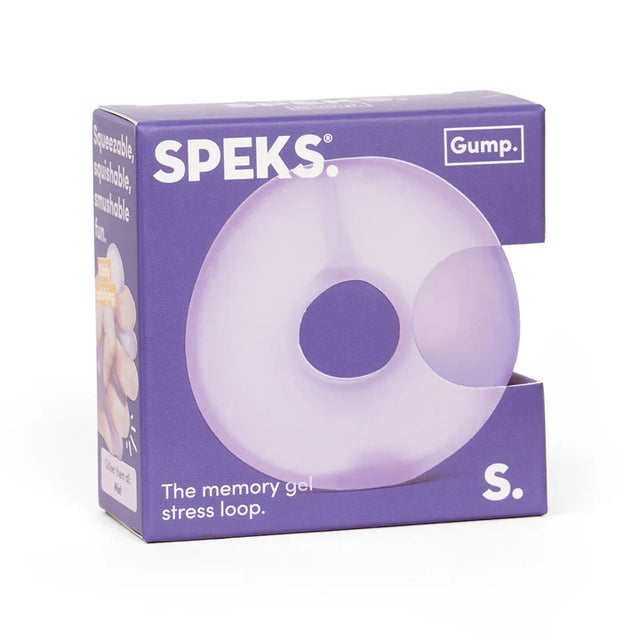 Purple packaging of Speks memory gel stress loop with a purple ball inside on a white background
