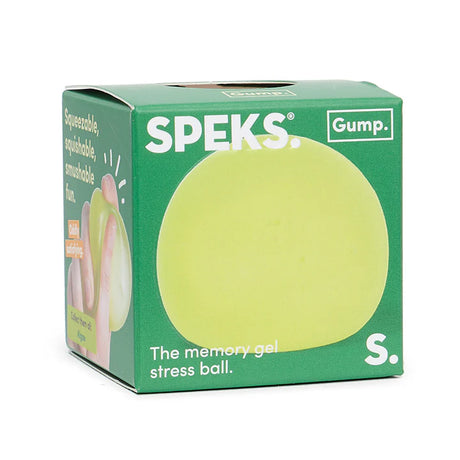 Speks memory gel stress ball packaging with green background and yellow stress ball.