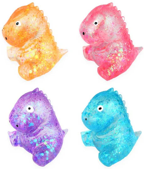 Four colorful glittery dinosaur figurines on a white background