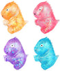 Four colorful glittery dinosaur figurines on a white background