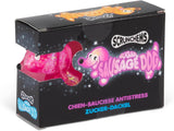 Scrunchems Sugar Sausage Dog toy packaging box, featuring a black box with a clear window showing a pink glittery sausage-shaped dog toy inside.
