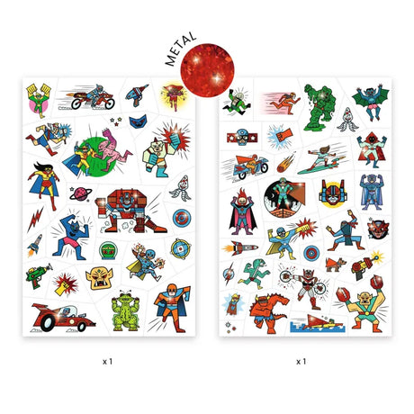 Two sheets of superhero-themed temporary tattoos with various designs on a white background.