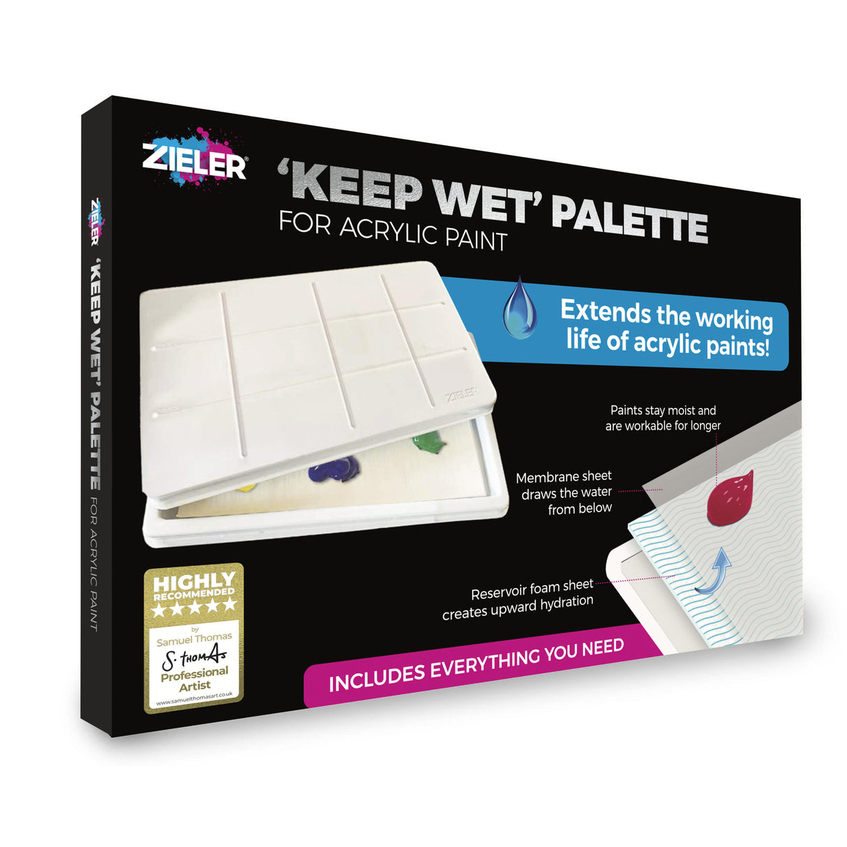 Zieler Keep Wet Palette for Acrylic Paint box packaging, showing the product insert and features on a white background.