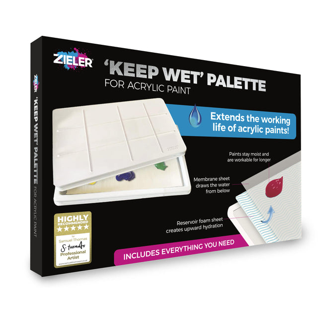 Zieler Keep Wet Palette for Acrylic Paint box packaging, showing the product insert and features on a white background.