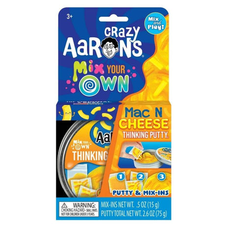 Crazy Aaron's Mix Your Own Mac N Cheese Thinking Putty packaging on a white background
