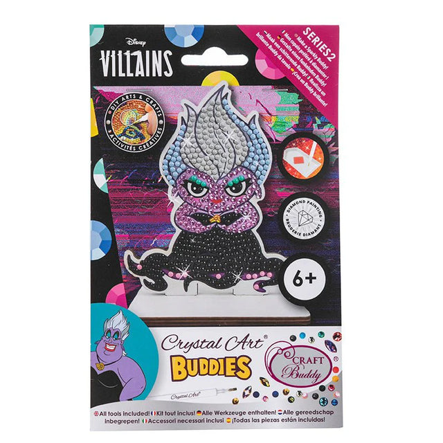 Packaging of Crystal Art Buddies Villains toy with colorful design and character illustration.