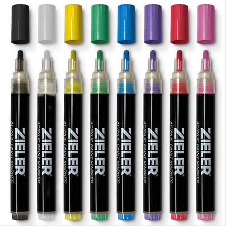 Zieler Acrylic Colour Paint Markers Medium Tip - Brights (8 Pack)