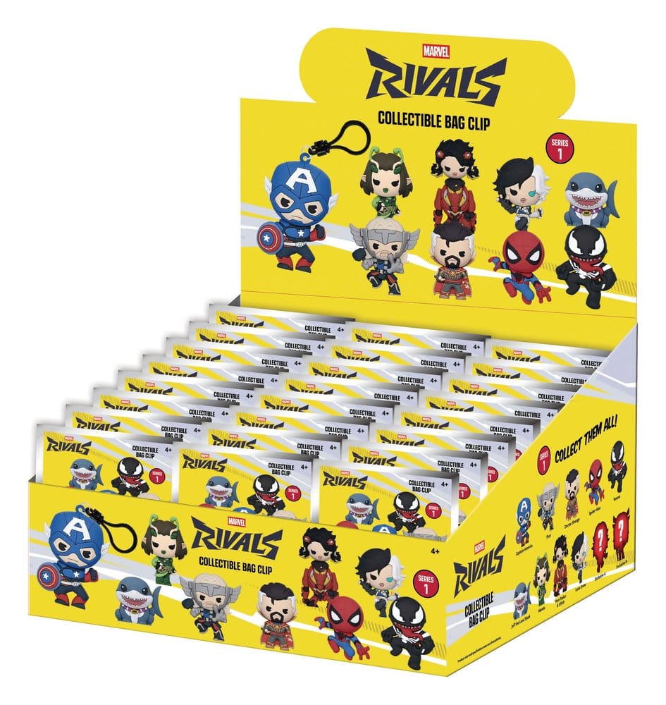Display of Marvel Rivals collectible bag clips with character illustrations on a white background.