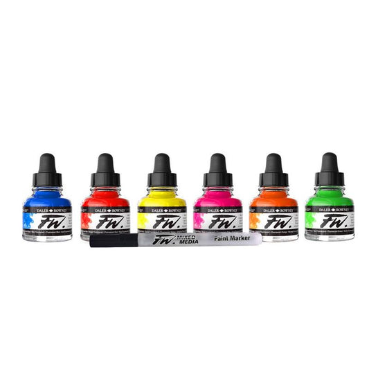 Daler-Rowney FW Acrylic Ink Bottle 6-Color Neon Set with Empty Marker