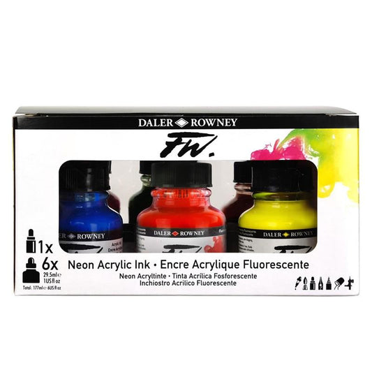 Daler-Rowney FW Acrylic Ink Bottle 6-Color Neon Set with Empty Marker