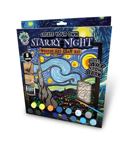 Starry Night themed wooden art craft kit packaging with paint palette and tree design.