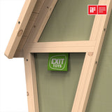 Wooden playhouse with green door and Exit Toys logo, featuring a Design Award 2025 badge.