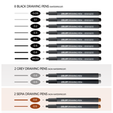 Zieler 12 Fineliner Drawing Pens - Black, Sepia, Grey