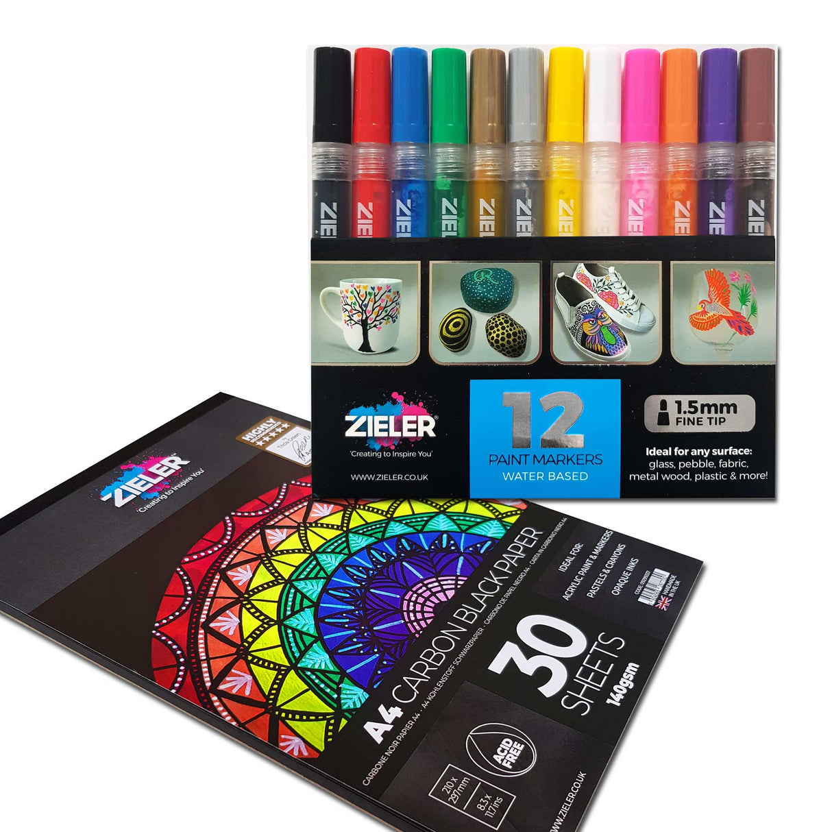 Zieler 12 Paint Marker Pens 1.5mm with A4 Black Paper Pad Set