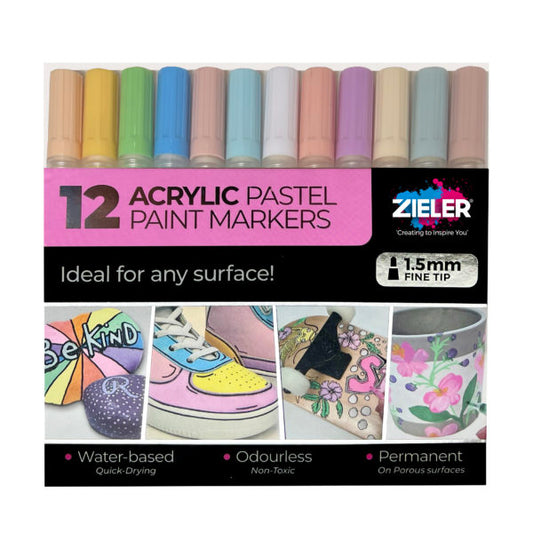 12 Acrylic Pastel Paint Pens - Fine Pastel Shades