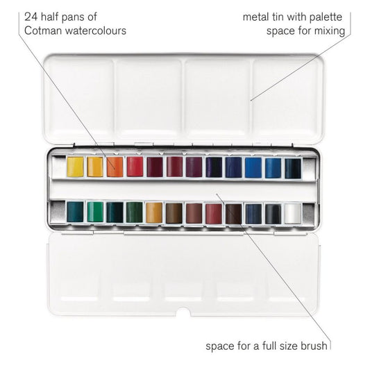 Cotman Watercolours Metal Sketchers' Box - 24 Half Pans. Product Code: 0390645 Barcode: 5012572005838