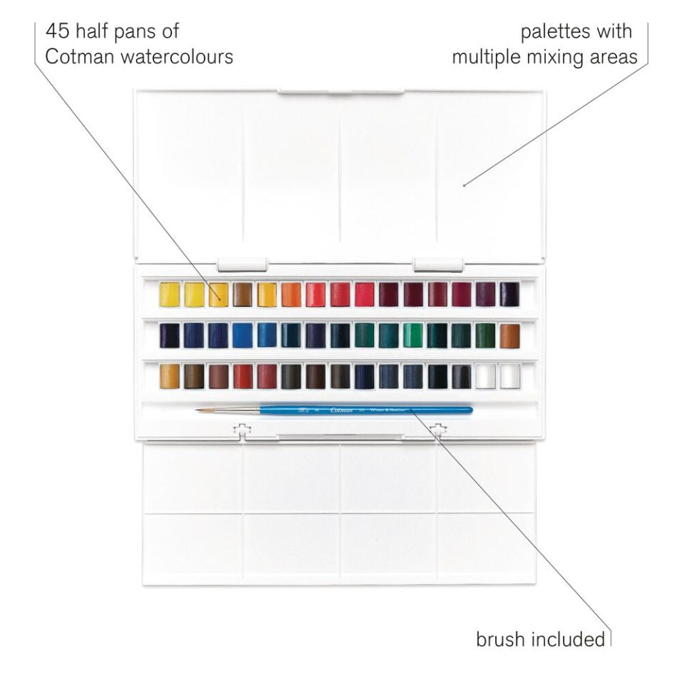 Cotman Watercolours Half Pan Studio Set - 45 Half Pans. Product code: 0390471 Barcode: 094376919844