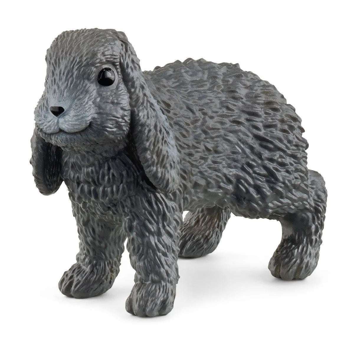 A toy figurine of a Schleich Lop-Eared Rabbit with gray fur, designed for children's play and educational purposes.