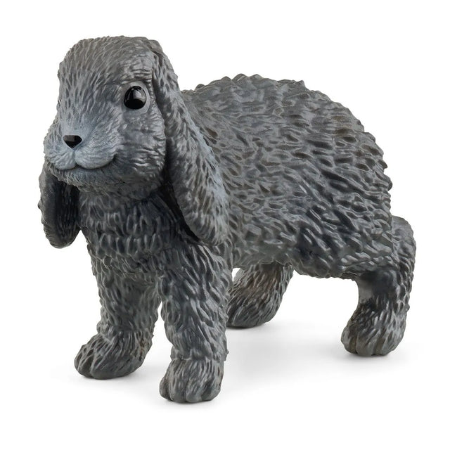 A toy figurine of a Schleich Lop-Eared Rabbit with gray fur, designed for children's play and educational purposes.