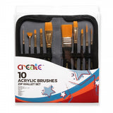 A packaged set of 10 acrylic brushes with a variety of brush heads, displayed in a zippered case with the brand 'CREATE' visible on the packaging.