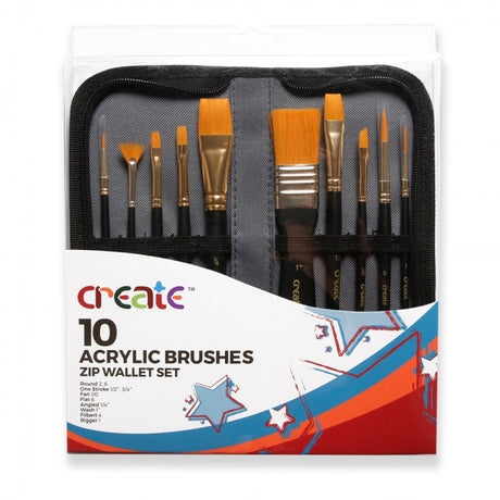 A packaged set of 10 acrylic brushes with a variety of brush heads, displayed in a zippered case with the brand 'CREATE' visible on the packaging.