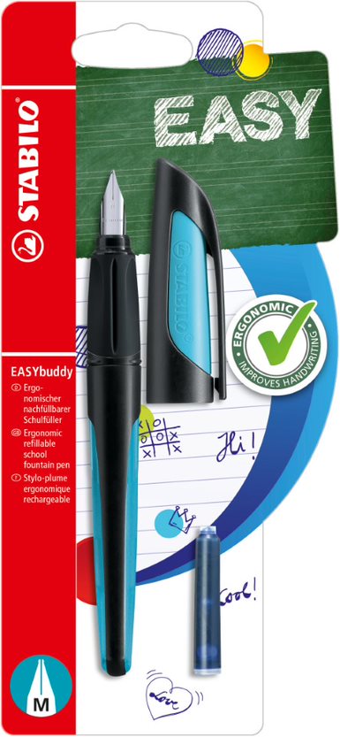 Ergonomic School Fountain Pen - STABILO EASYbuddy - M Nib - Black/Sky Blue