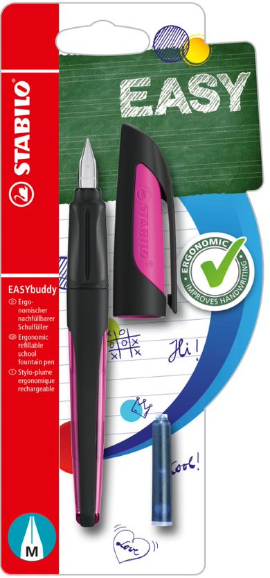 Ergonomic School Fountain Pen - STABILO EASYbuddy - M Nib - Black/Magenta 