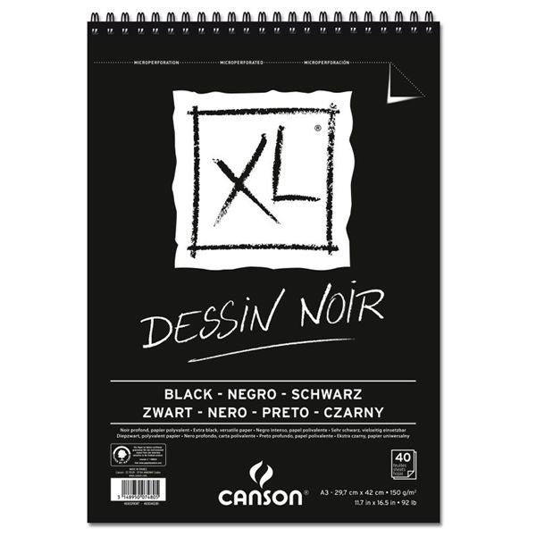 CANSON XL BLACK SPIRAL DRAWING PAD A3 90GSM
