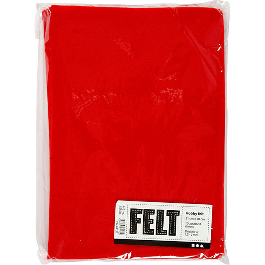 Craft Felt, A4 21x30 cm, thickness 1,5-2 mm, red, 10sheets