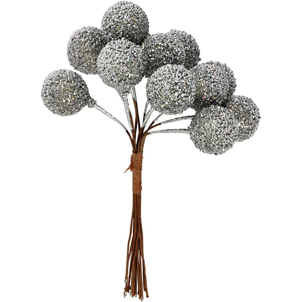 Artificial berries, D: 15 mm, 12 pcs, silver