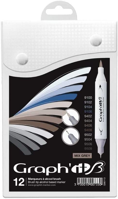 GRAPHIT BRUSH & EXTRA FINE Set 12 markers-Mix Grey