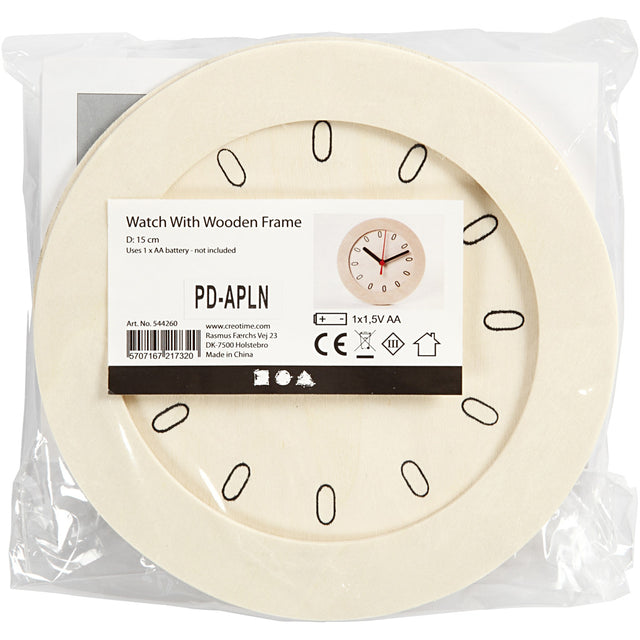 Watch With Wooden Frame, D: 15 cm, 1 pc, plywood