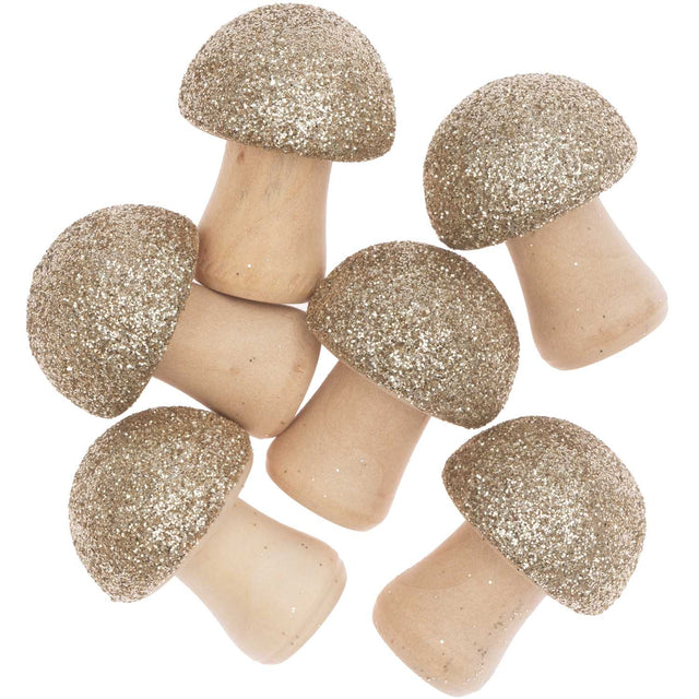 3D wooden litter mushroom with glitter natural gold 6 pieces