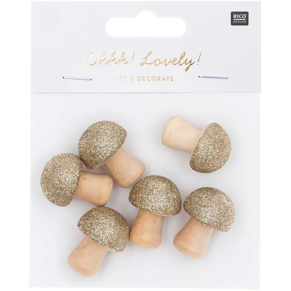 3D wooden litter mushroom with glitter natural gold 6 pieces
