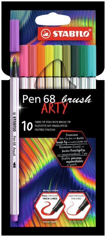 Premium Fibre-Tip Pen - STABILO Pen 68 brush ARTY - Wallet of 10 - Assorted Colours
