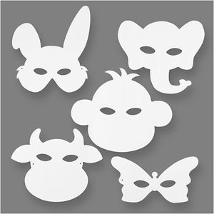 White Animal Masks, H: 13-24 cm, W: 20-28 cm, 16 assorted designs.