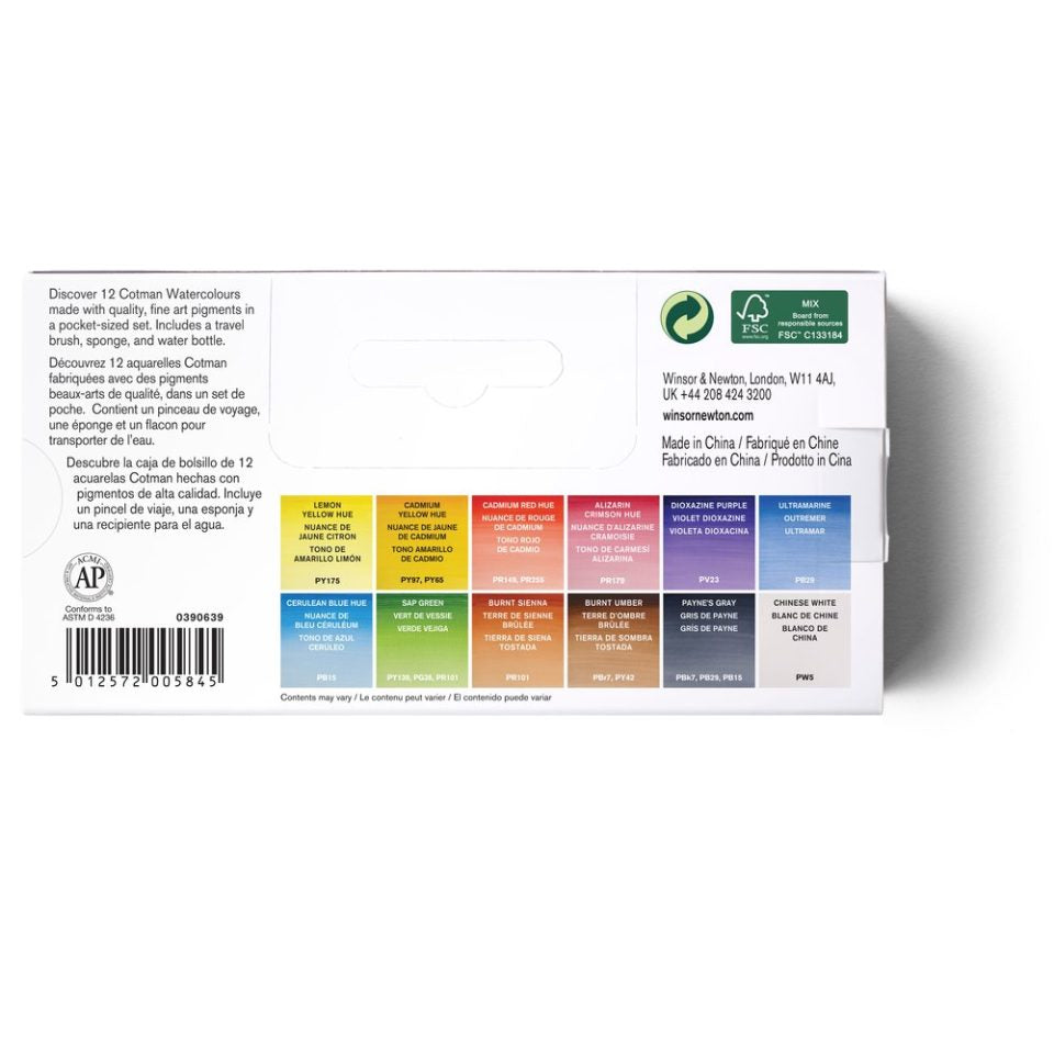 Cotman Watercolours Field Box - 12 Half Pans. Product code: 0390639 Barcode: 5012572005845